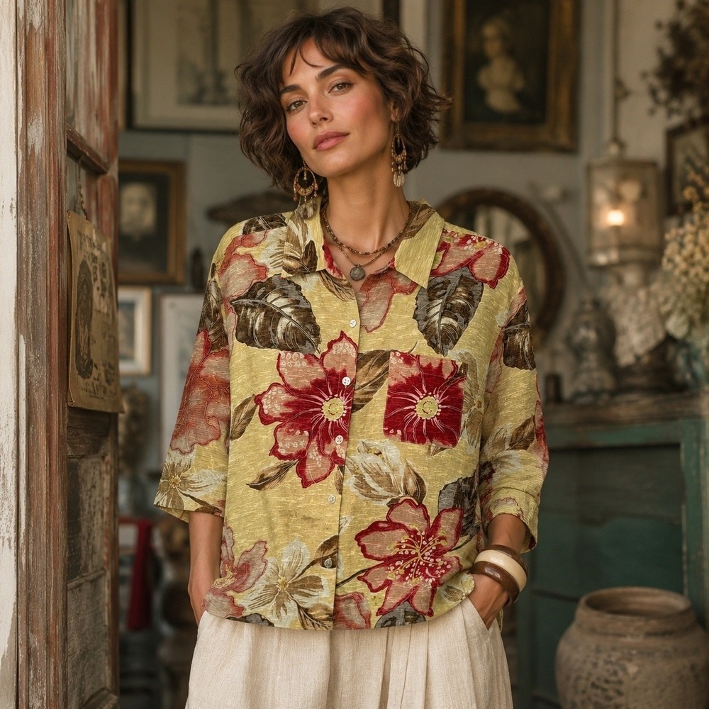Vintage Chico's Silk Linen Floral Button Down Blouse Y2K Boho Resort Sz 1 M